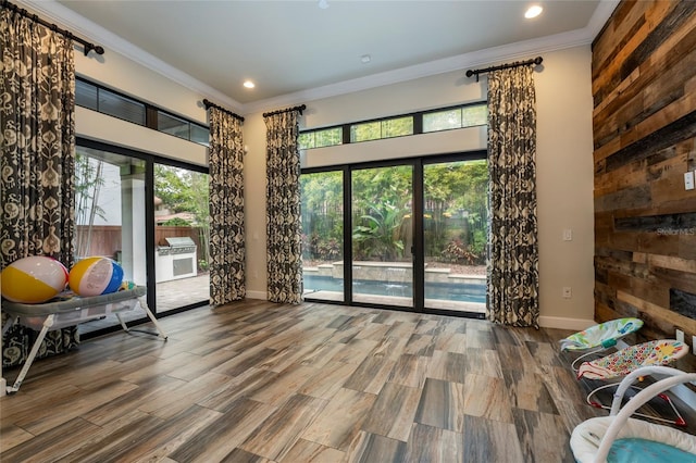 interior space featuring ornamental molding, a healthy amount of sunlight, and wood-type flooring