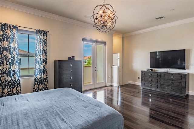 bedroom with a chandelier, ornamental molding, dark wood-type flooring, and access to outside