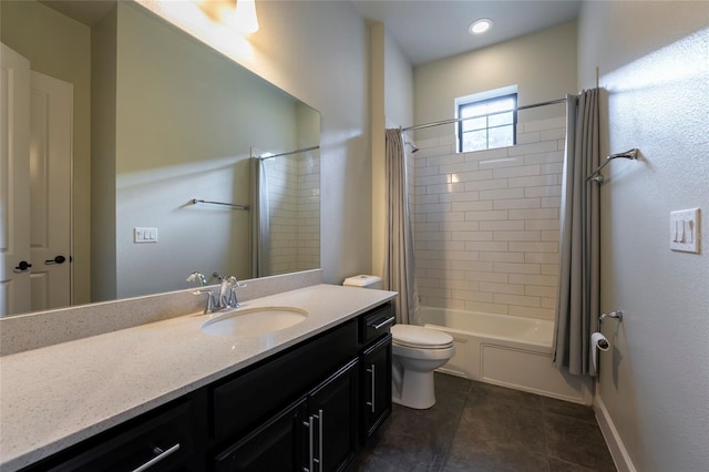 full bathroom with oversized vanity, shower / bath combo, toilet, and tile flooring