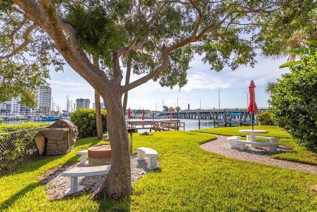 surrounding community with a yard and a water view