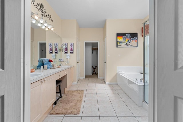 bathroom with tile flooring, dual bowl vanity, and plus walk in shower