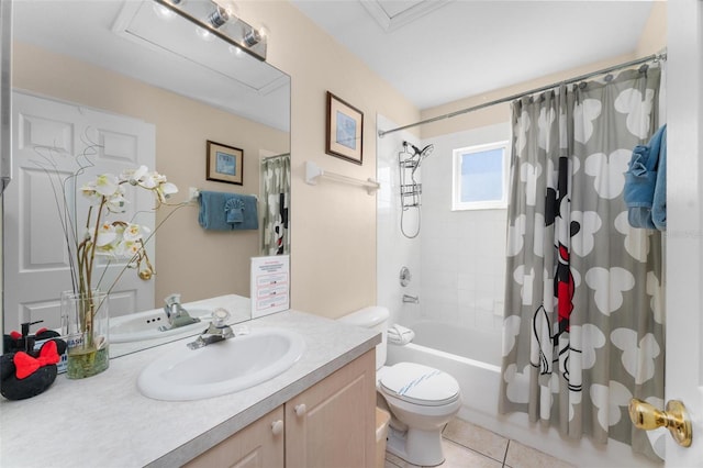 full bathroom featuring tile flooring, toilet, large vanity, and shower / bathtub combination with curtain