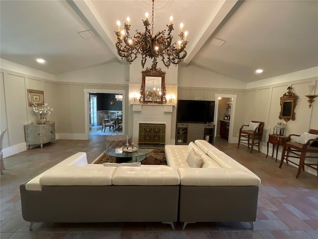 tiled living room with lofted ceiling with beams and a chandelier