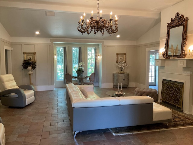 tiled living room featuring lofted ceiling with beams and an inviting chandelier