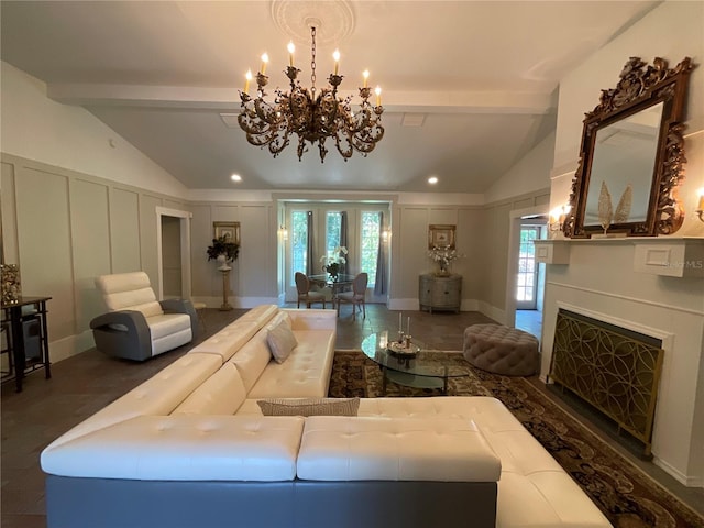 tiled living room with lofted ceiling with beams and a chandelier