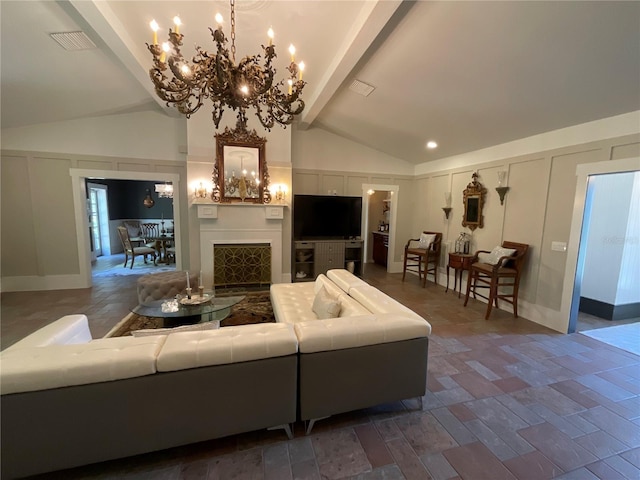 living room featuring an inviting chandelier, high vaulted ceiling, and beamed ceiling