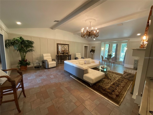 tiled living room featuring lofted ceiling with beams and a chandelier