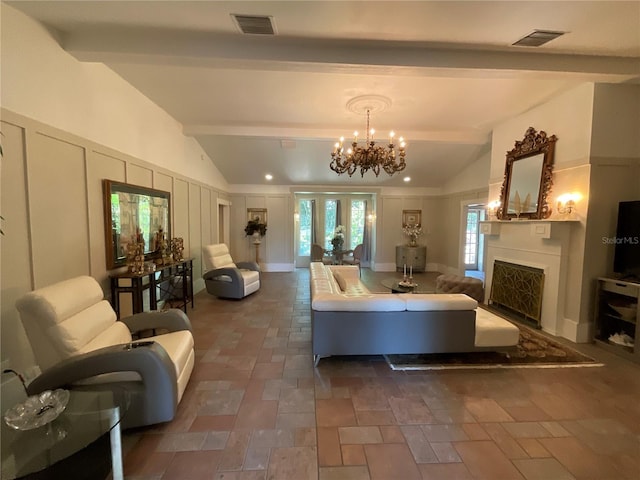 tiled living room featuring lofted ceiling with beams and a chandelier