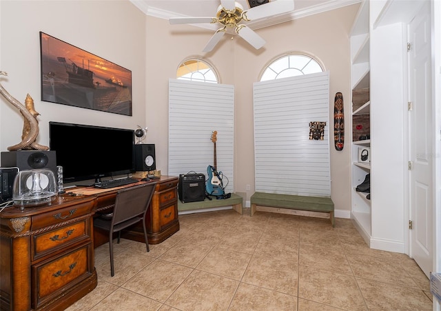 tiled office featuring ceiling fan and crown molding