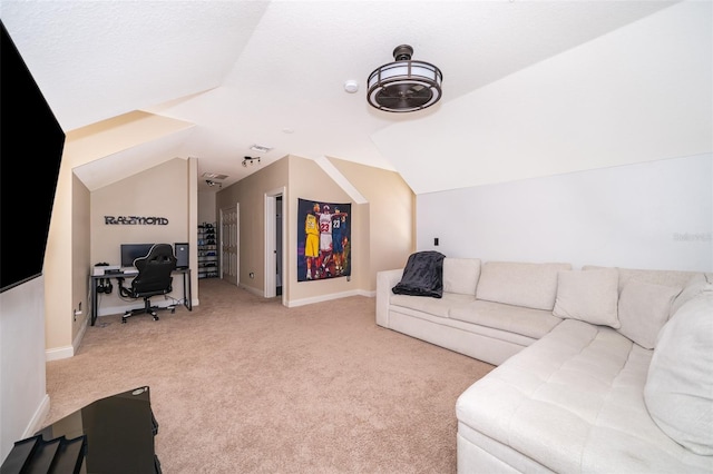 living room with light carpet and lofted ceiling