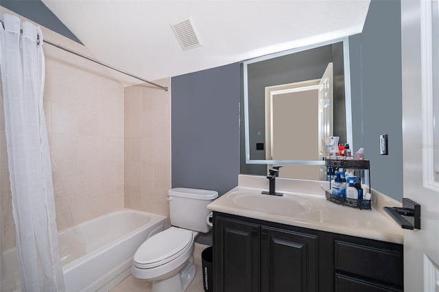 full bathroom with shower / bath combo, vanity, tile floors, and toilet