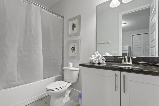 full bathroom with oversized vanity, shower / bath combination with curtain, toilet, and tile flooring