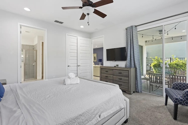 carpeted bedroom featuring connected bathroom, ceiling fan, and access to exterior