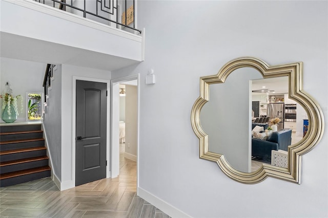 interior space featuring parquet flooring