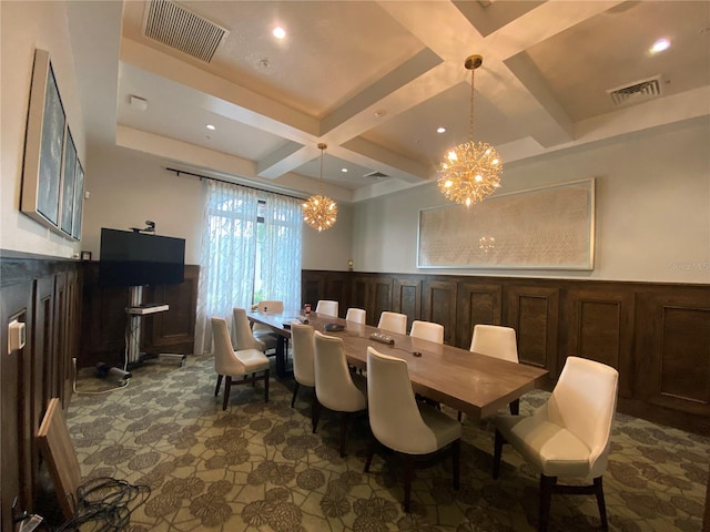 dining space featuring coffered ceiling, an inviting chandelier, and beam ceiling