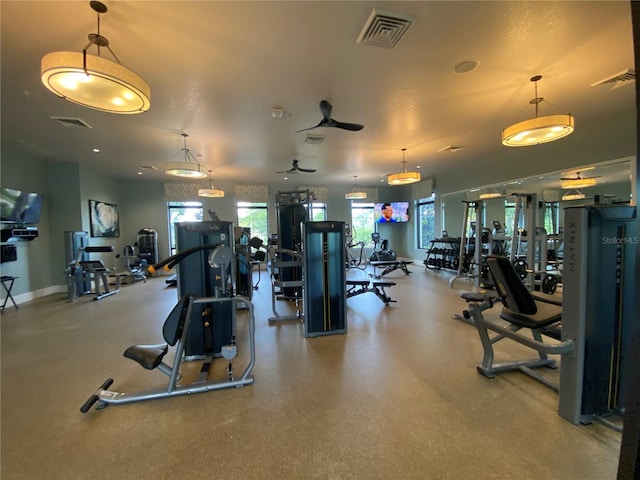 gym featuring ceiling fan