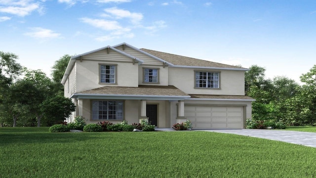 front facade featuring a garage and a front lawn