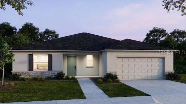 ranch-style house with a garage and a lawn