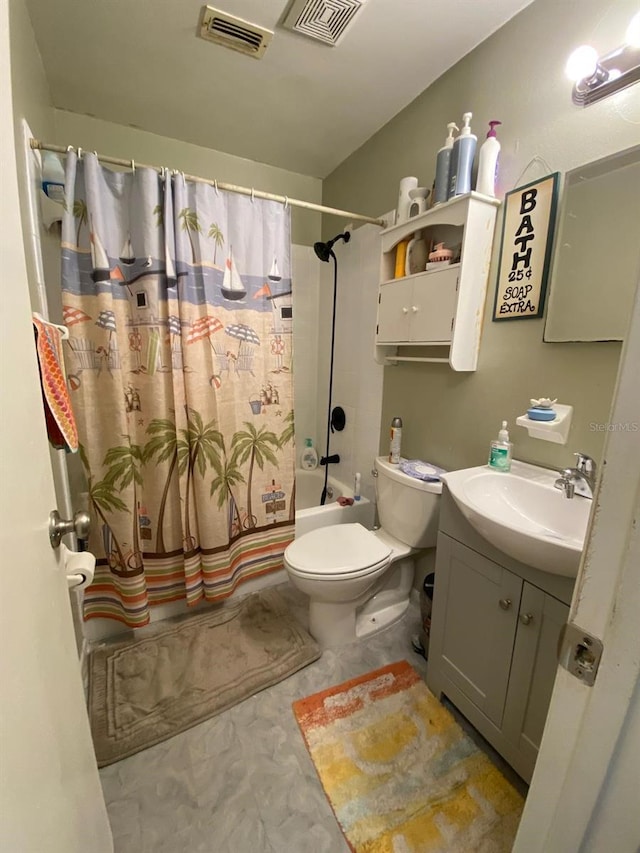 full bathroom featuring oversized vanity, shower / bath combo, tile floors, and toilet