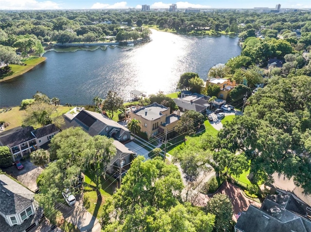 drone / aerial view with a water view