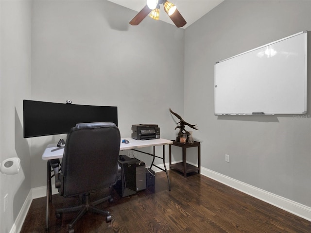 office area with dark hardwood / wood-style floors and ceiling fan