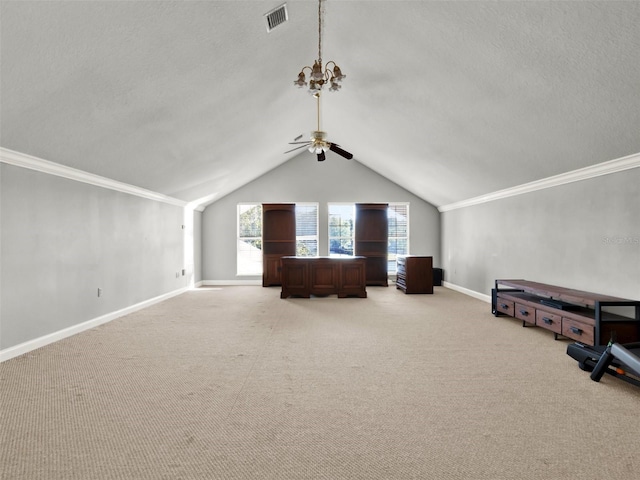 unfurnished bedroom with a notable chandelier, crown molding, light colored carpet, a textured ceiling, and lofted ceiling