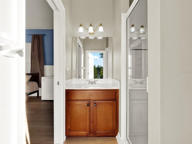 bathroom with hardwood / wood-style flooring, vanity, and a shower with shower door