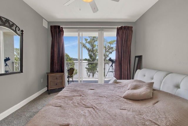 bedroom with access to outside, ceiling fan, and carpet