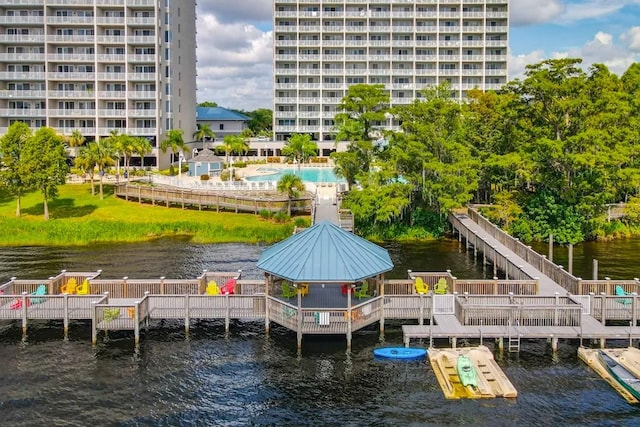 view of dock with a water view