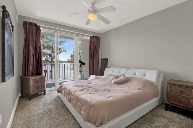 carpeted bedroom featuring access to outside and ceiling fan