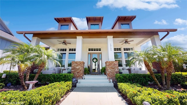 exterior space featuring ceiling fan