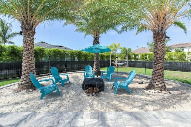 view of patio / terrace featuring an outdoor fire pit