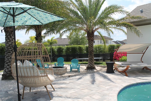 view of terrace featuring a fire pit and a fenced in pool