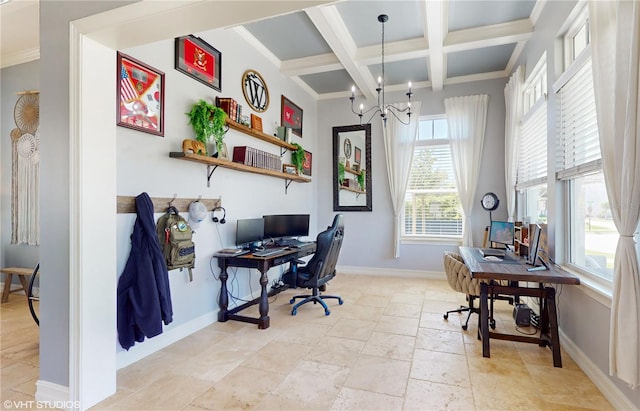 tiled home office with beam ceiling, a notable chandelier, coffered ceiling, and ornamental molding