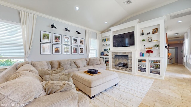 tiled living room with a fireplace, lofted ceiling, built in features, and crown molding