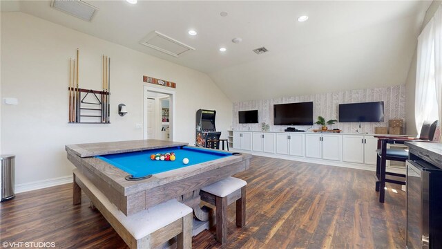 game room with lofted ceiling, dark hardwood / wood-style floors, and billiards