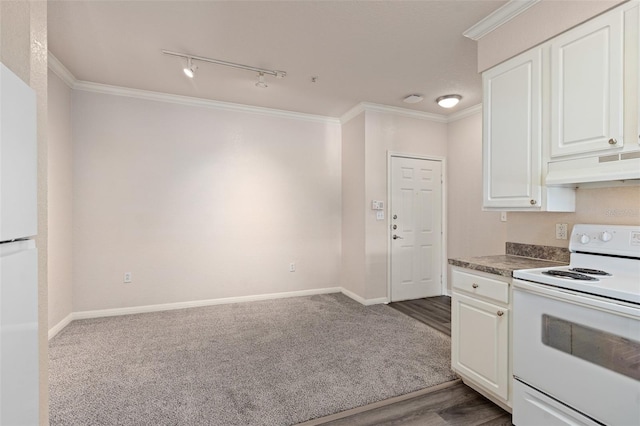 kitchen with white cabinetry, ornamental molding, white appliances, and light colored carpet