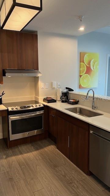 kitchen with appliances with stainless steel finishes, dark hardwood / wood-style floors, and sink