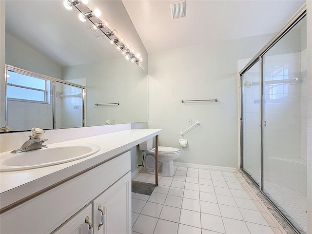 bathroom with tile patterned floors, lofted ceiling, toilet, vanity, and a shower with shower door