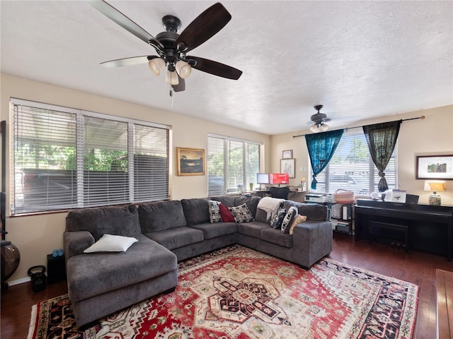 living room with dark hardwood / wood-style flooring, ceiling fan, and a textured ceiling