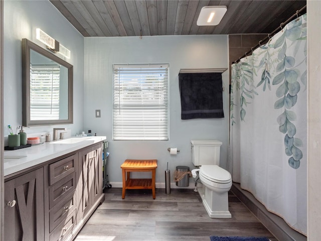 bathroom featuring vanity with extensive cabinet space, double sink, toilet, wooden ceiling, and hardwood / wood-style flooring