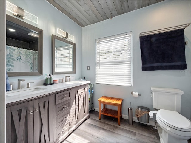 bathroom featuring wooden ceiling, hardwood / wood-style floors, toilet, and dual vanity