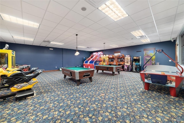 game room with carpet, pool table, and a paneled ceiling