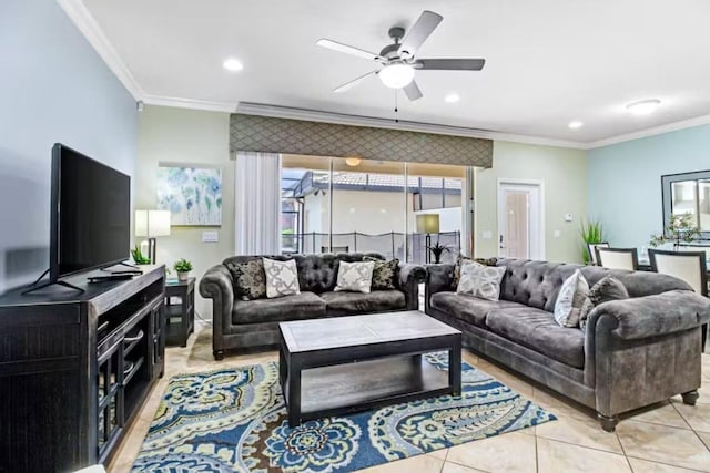 living room with crown molding, light tile patterned floors, and ceiling fan