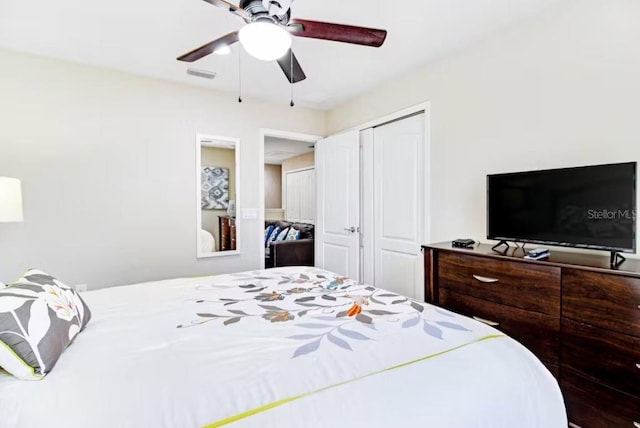 bedroom featuring ceiling fan and a closet