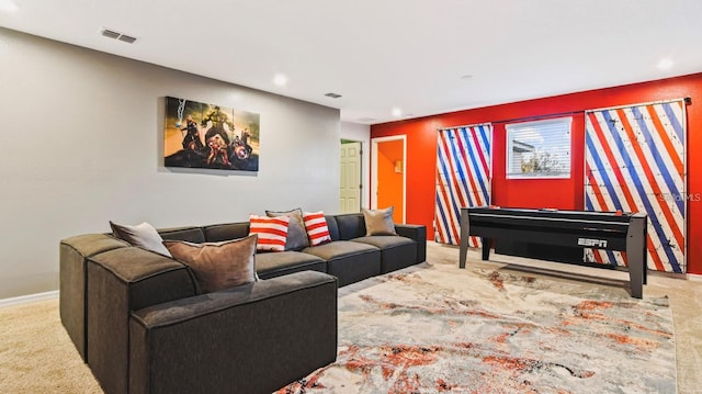 living room with light colored carpet