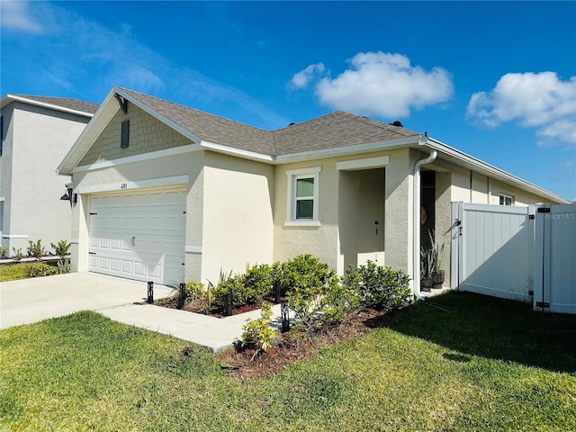 ranch-style house with a garage and a front lawn