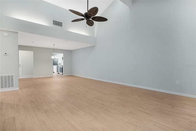 unfurnished living room with a ceiling fan, light wood-type flooring, visible vents, and baseboards