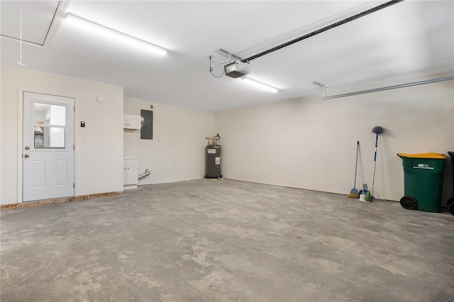 garage featuring water heater, electric panel, and a garage door opener