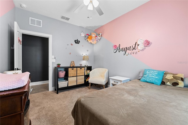 carpeted bedroom with ceiling fan